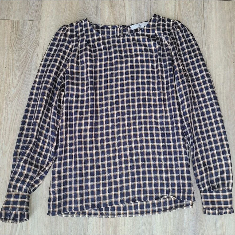 LOFT Blue Gold Plaid Puff Sleeve Blouse XS Business Casual Coquette Top